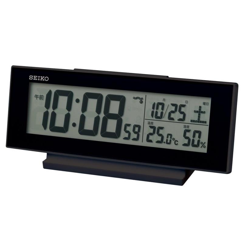 セイコークロック(Seiko Clock) 目覚まし時計 常時点灯 電波 デジタル カレンダー 温度 湿度 表示 夜でも見える 黒・一部黒 82×206×51m