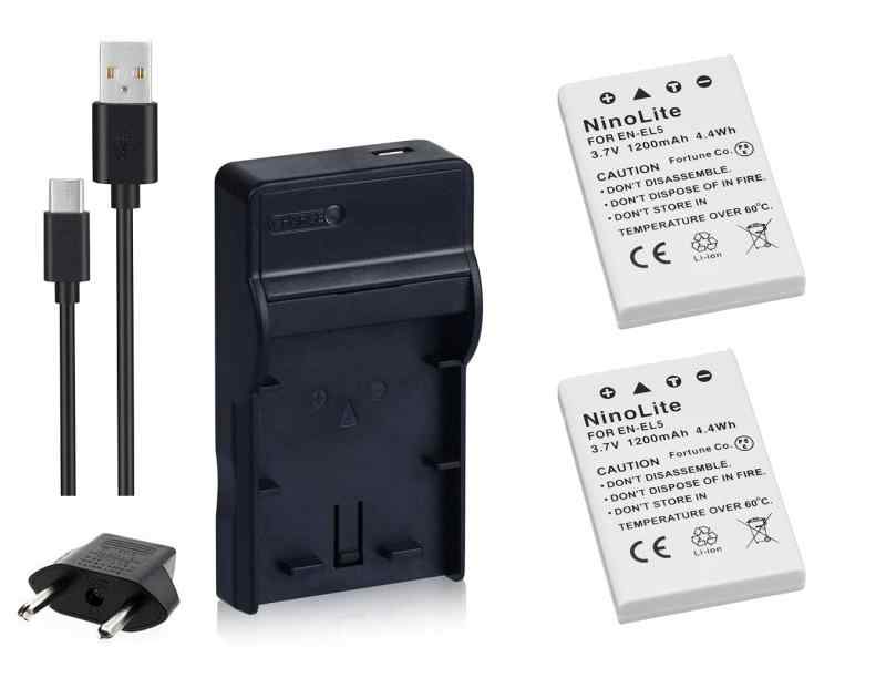 NinoLite 4点セット EN-EL5 互換 バッテリー 2個 +USB型 充電器 +海外用交換プラグ ニコン Nikon 対応 dc12enel5x2_t.k.gai