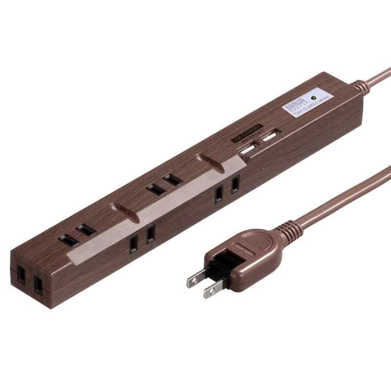 サンワダイレクト 電源タップ USB付き 2m マグネット ライトブラウン 700-TAP056_060 (AC×5個口＋USB×2ポート, ダークブラウン)