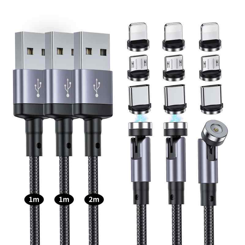 マグネット 充電ケーブル SUNTAIHO 3-in-1 USBケーブル 急速充電 360度+180度回転 3本 (ブラック)