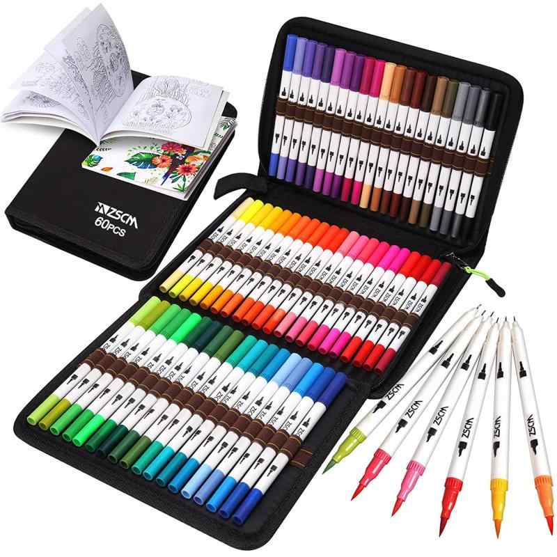 M ZSCM カラーペン 60色セット 水彩画筆 アーティスト画筆 細字 デュアルチップ アートマーカーペンセット 絵筆 塗り絵帳 オフィス用品