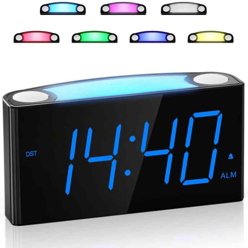 デジタル目覚まし時計LED 7インチ大型LEDディスプレイ 7色のナイトライト付き光目覚まし時計 輝度無段階調整＆ボリュームが三段式調節可