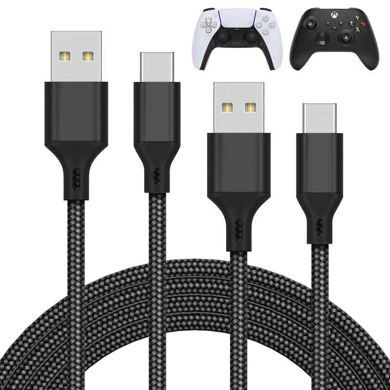 2パック 10フィート 充電ケーブル PS5 Xbox Series X/S コントローラー/Switch Proコントローラー用 (ブラック)